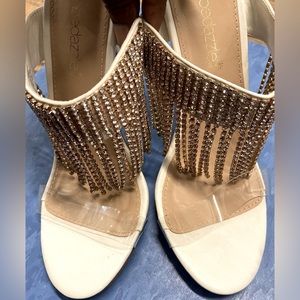 White rhinestone slide in heels